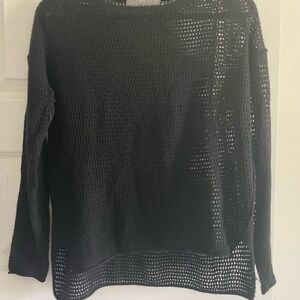 360 Cashmere Black Crew Neck Sweater with Open Weave